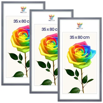 Produktbild von MG Design 3er Set Bilderrahmen 35 x 80 cm - Posterrahmen mit Grau Echtholzrahmen und bruchsicherem Acrylglas, Hoch & Quer mit stabiler Wandaufhängung