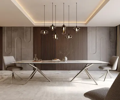 Produktbild von DELIFE Esstisch Edge 300x100 Keramik Minas Melange Weiß-Beige Estelar rund Edelstahl