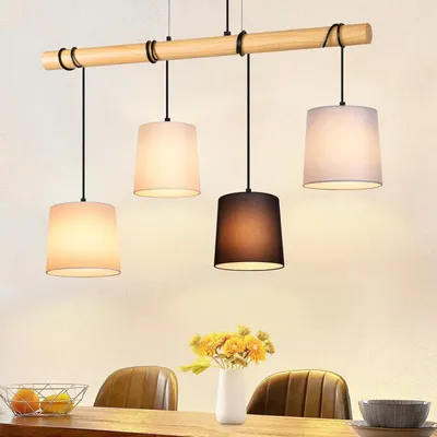 Image de ZMH lampe suspendue bois vintage lampe de table lampe suspendue E27 blanc 1 flamme tissu cuisine rustique pour salle à manger salon chambre à coucher