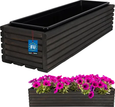 Zdjęcie produktu dla KOTARBAU® Drewniana skrzynka na kwiaty 64x20cm z wewnętrzną doniczką Skrzynka balkonowa Doniczka balkonowa antracytowa Doniczka na kwiaty Doniczka drewniana Skrzynka na kwiaty Balkon ogród patio Skrzynka z wkładem
