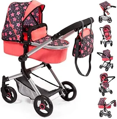 Produktbild von Neo Vario Puppenwagen mit Tasche, zusammenklappbar und zum Puppenjogger wandelbar, mit verstellbarem Griff, schwenkbaren Vorderrädern und integriertem Korb