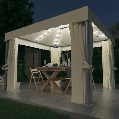 Produktbild von The Living Store Pavillon mit Vorhängen & LED-Lichterkette 3x3 m Cremeweiß