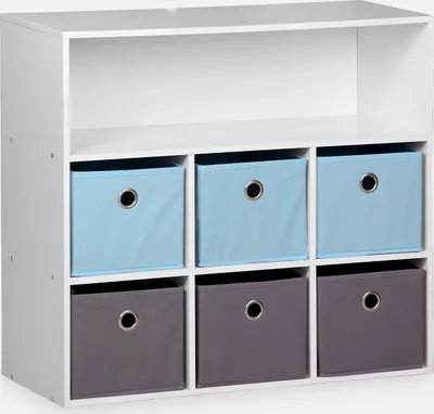 A white shelving unit with six fabric storage cubes, three blue and three gray.