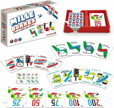 A product shot of the Mille Bornes card game, including the box and various cards spread out.
