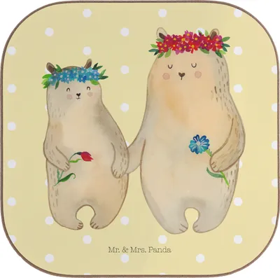 Produktbild von Mr. & Mrs. Panda Untersetzer für Gläser Bären mit Blumenkranz - Gelb Pastell - Geschenk, Kinder, Bär, Coaster, Glas, Quadratisch, Mama, Family, Tischuntersetzer, Mutter