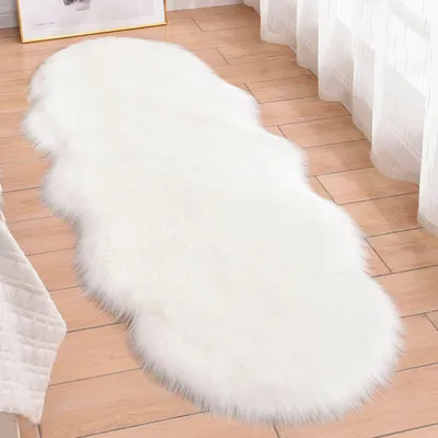 Obrázek produktu pro Umělá kožešinová podlaha, imitace ovčí kůže, plyšová, bílá, 60x180 cm, měkká podlaha, koberec z umělé kožešiny, lze prát, vhodná do obývacího pokoje, pod postel, do ložnice