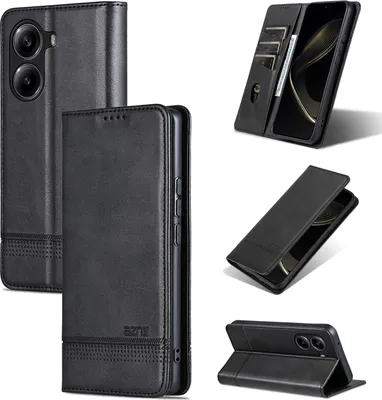 A collage of images showcasing a black leather flip case for a smartphone, with various angles and views.