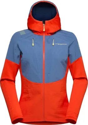 Midlayer-Jacke für Damen in Blau und Orange von La Sportiva; Modell "Session Tech Hoody W"; mit Kapuze und Reißverschluss.