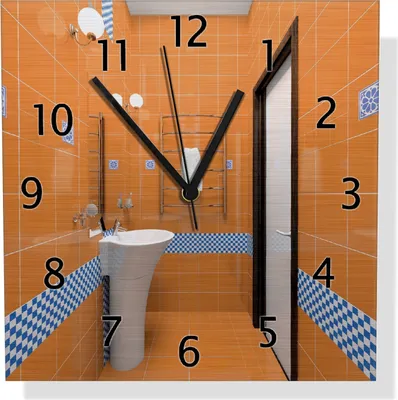 Produktbild von Wallario Design Wanduhr Modernes Badezimmer in orange mit blauen Fliesen aus Aluverbund, Größe 30 x 30 cm