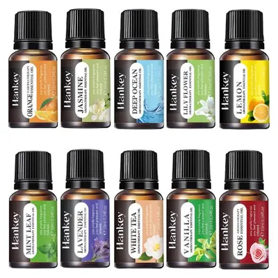 Produktbild von Set aus 10 ätherischen Ölen mit verschiedenen natürlichen Düften – entspannende Aromen in 10 ml Flaschen