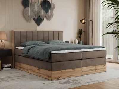 Produktbild von MKS MEBLE King Boxspringbett 180x200 mit Bettkasten Eiche, Polsterbett 180x200 mit Matratze H3, Bett 180x200 mit Rahmen in Wotan Eiche und Kopfteil - Braun Velvet - Bellissimo King