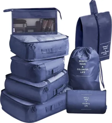 Image de Set de voyage de 7 organiseurs de valise imperméables, bleu, matériau durable, différentes tailles