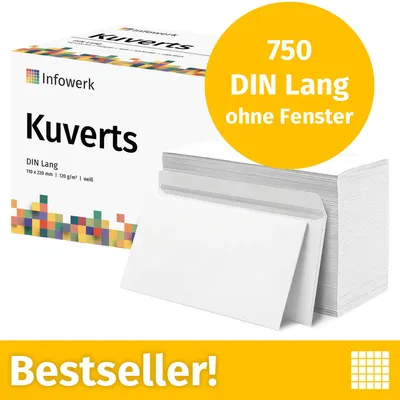 Image de NOUVEAU : Infowerk Enveloppes sans fenêtre, format DL, non imprimées, 750 pièces