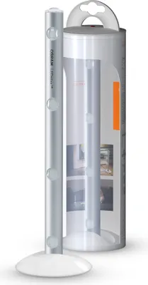 A silver LED light stick with a white base, shown in front of its packaging.