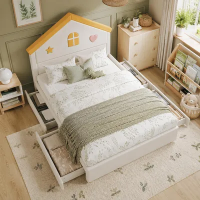 Productafbeelding van Kinderbed 140x200 cm, bekleed met stof, in beige kleur, met 4 lades, fluweel en een hoofdeinde in huisstijl, voor de kinderkamer