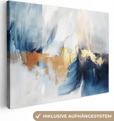 Produktbild von Wandbilder wohnzimmer 80x60 cm - Abstrakt und Modern - Blau - Weiß - Gold, Leinwand Bilder, Wanddeko, Gemälde