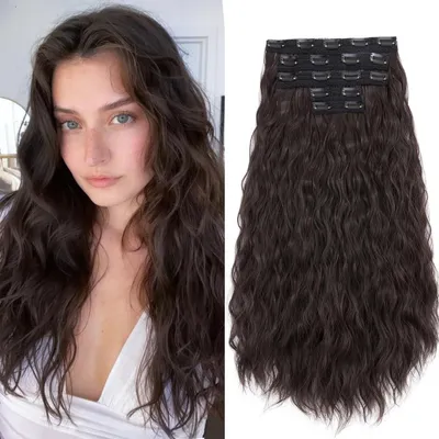 Produktbild von Clip in Extensions Lockig 60 cm Dunkelbraun 5er Set 250g Synthetik Haarverlängerung