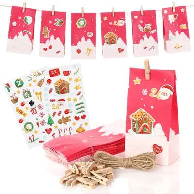 A collection of Christmas-themed advent calendar bags, stickers, twine, and clothespins arranged on a white background.