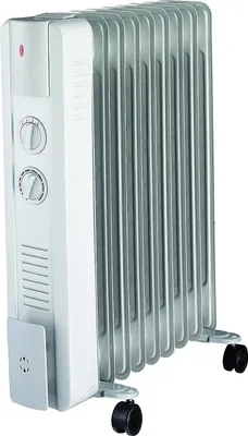 A white and gray oil-filled radiator with wheels is shown against a white background.