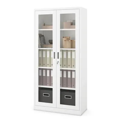 Produktbild von Aktenschrank Medizinschrank Büroschrank Flügeltürschrank Glasvitrine 4 Fachböden Stahl Abschließbar 185 cm x 90 cm x 40 cm Farbe: Weiß