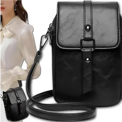 Immagine prodotto di Elegante borsa per telefono, in ecopelle nera di qualità, con tracolla regolabile di 130 cm