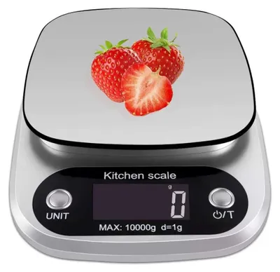 Produktbild von Digitale Küchenwaage bis 10 kg mit Edelstahl-Wiegefläche, beleuchtetem LCD-Display und Tara-Funktion - 10 kg