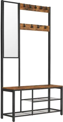Obrázok produktu pre VASAGLE vešiak na kabáty s háčikmi Vešiak na kabáty so zrkadlom, lavicou na topánky a policami, 36 x 98 x 185 cm, do predsiene, spálne, obývačky