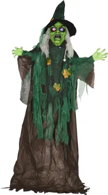 Zdjęcie produktu dla HOMCOM Halloween Witch 183 cm Dekoracja na Halloween ze światłem LED, funkcją dźwięku, dekoracja ogrodowa, dekoracyjna figurka z regulowanymi ramionami, ruchomą głową, do użytku wewnątrz i na zewnątrz