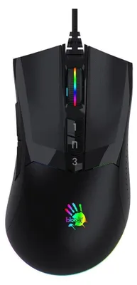 A black gaming mouse is shown from a top-down perspective against a white background.