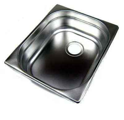 A stainless steel sink on a white background.