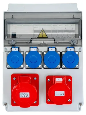 Obrázok produktu pre Rozdeľovač elektrickej energie LUMILED pre stavby, vybavený ističom proti skratu (LS+FI), s 1 zásuvkou CEE 32A 5-kolíková, 1 zásuvkou CEE 16A 5-kolíková, 4 zásuvkami Schuko 230V, nástenný rozdeľovač IP65 s zásuvkami IP44, určený pre stavby, dielne a vonkajšie priestory