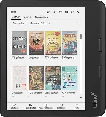 A close-up view of an e-reader displaying a library of books, with navigation and filter options visible.