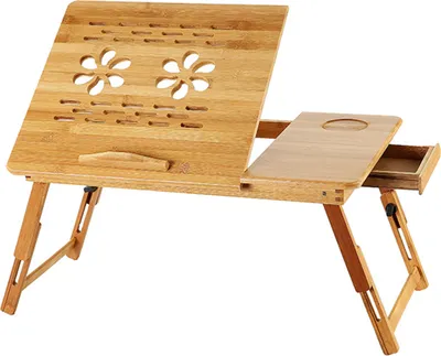 A wooden laptop table with adjustable legs and ventilation holes.