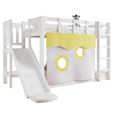 Produktbild von Etagenbett mit 2 Liegeflächen und Lattenrost, 90x200 cm, Kinderbett mit Rausfallschutz und Rutsche, Kiefer