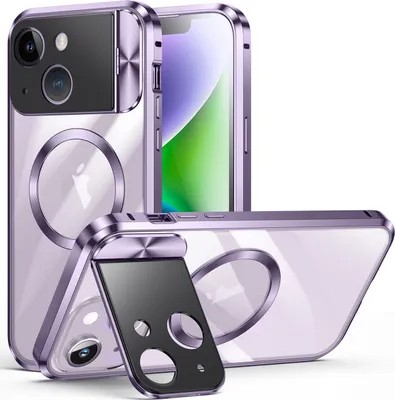 Image de Coque pour iPhone 14 compatible avec MagSafe, anneau caméra intégré, adsorption magnétique, cadre métallique, étui de protection Violet