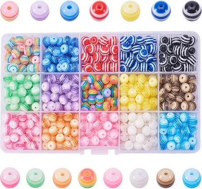 Zdjęcie produktu dla Zestaw koralików - akrylowe koraliki żywiczne w paski o średnicy 8 mm, 450 sztuk, 190 g, 18 x 11 x 3 cm