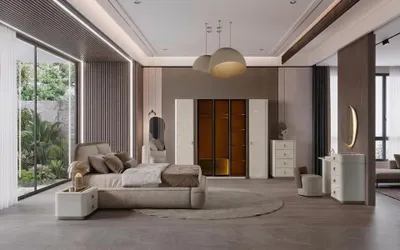 Immagine prodotto di Set per camera da letto: letto, armadio, comodino, design moderno, colore beige, completo