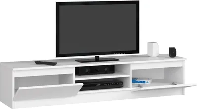 Obrázek produktu pro TV skříňka 160 cm široká se dvěma dvířky a dvěma otevřenými policemi, moderní TV skříňka, nízká deska, obývací pokoj ložnice v bílé barvě