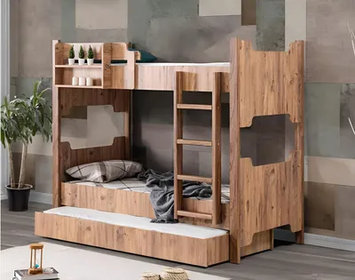 Produktbild von Vielseitiges Etagenbett aus Holz mit Regalen und Schubladen
