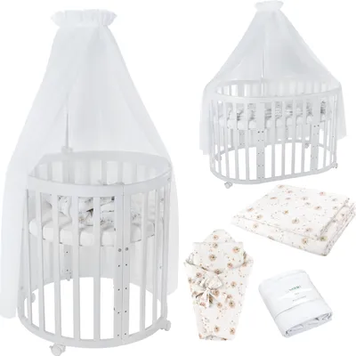 Produktbild von Waldin Babybett OWAL Kinderbett 7in1 mit Matratze, mitwachsendes Kinder-Bett,Stoffe Weiß Löwenzahn,Holz weiß