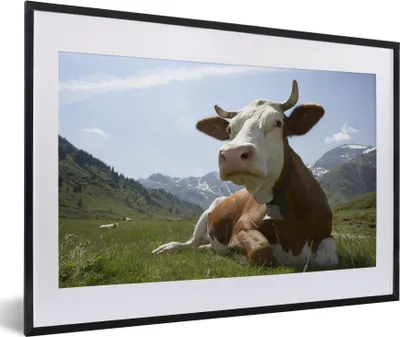 Produktbild von MuchoWow® MuchoWow® Gerahmtes Poster Kuh - Berg - Gras 60x40 cm - Poster mit zchwarzem Bilderrahmen - Schlafzimmer - Plakat in Rahmen - Drucken
