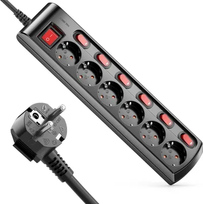 Produktbild von deleyCON 6 Fach Steckdosenleiste Einzeln Schaltbar 1,4m Kabel (6x Ein/Aus Schalter und 1x Hauptschalter) Strom Stromleiste Mehrfachsteckdose mit Kindersicherung - Schwarz