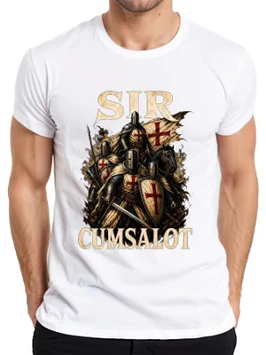 Productafbeelding van "Sir Cumsalot" ridderkruis, middeleeuws design, statement, sarcasme, heren T-shirt, wit, 3XL