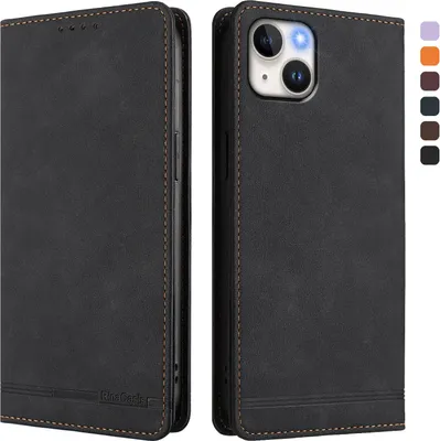 Image de Étui pour iPhone 14 Plus, étui rétro en cuirPolyuréthaneavec support et fentes pour cartes de crédit Noir