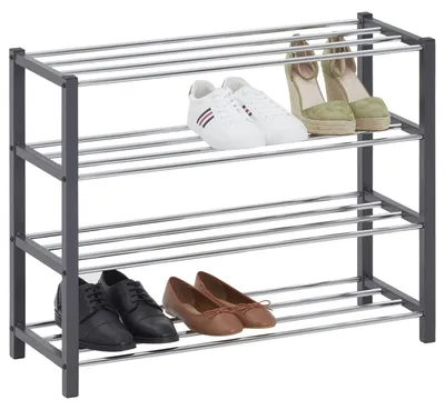 Produktbild von Schuhregal DUBLIN mit 4 Ablagen in grau. Robustes Metallregal für Flur Schuhaufbewahrung. Schuh-Organizer Schuhablage dielen- & flurmöbel