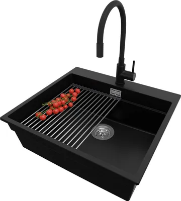 Produktbild von PRIMAGRAN Granitspüle Schwarz 58x53cm, Spülbecken 1 Becken + Küchenarmatur 40x38cm + Ablauf-Set + Küchenzubehörset, Küchenspüle ab 60er Unterschrank - Oslo Max