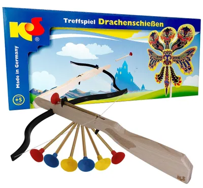 Holz-Armbrust mit sechs bunten Sicherheitspfeilen vor der Verpackung des Treffspiels Drachenschießen – hochwertiges Holzspielzeug Made in Germany.