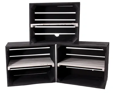 Produktbild von 3er Set neue schwarze Obstkiste mit Regalbrett in weiß 50cm x 40cm x 30cm „von Kontorei“ 2er 3er 4er 6er 8er 9er 12er Set standard Regalkisten Regalsystem Weinkisten Holzkiste Kiste Schuhregal Regal Holzregal
