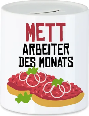 Produktbild von Mettarbeiter des Monats Spardose Bauarbeiter Büro Mettbrötchen Hackfrühstück Maurer