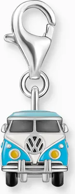 A silver charm in the shape of a blue and white Volkswagen van.
